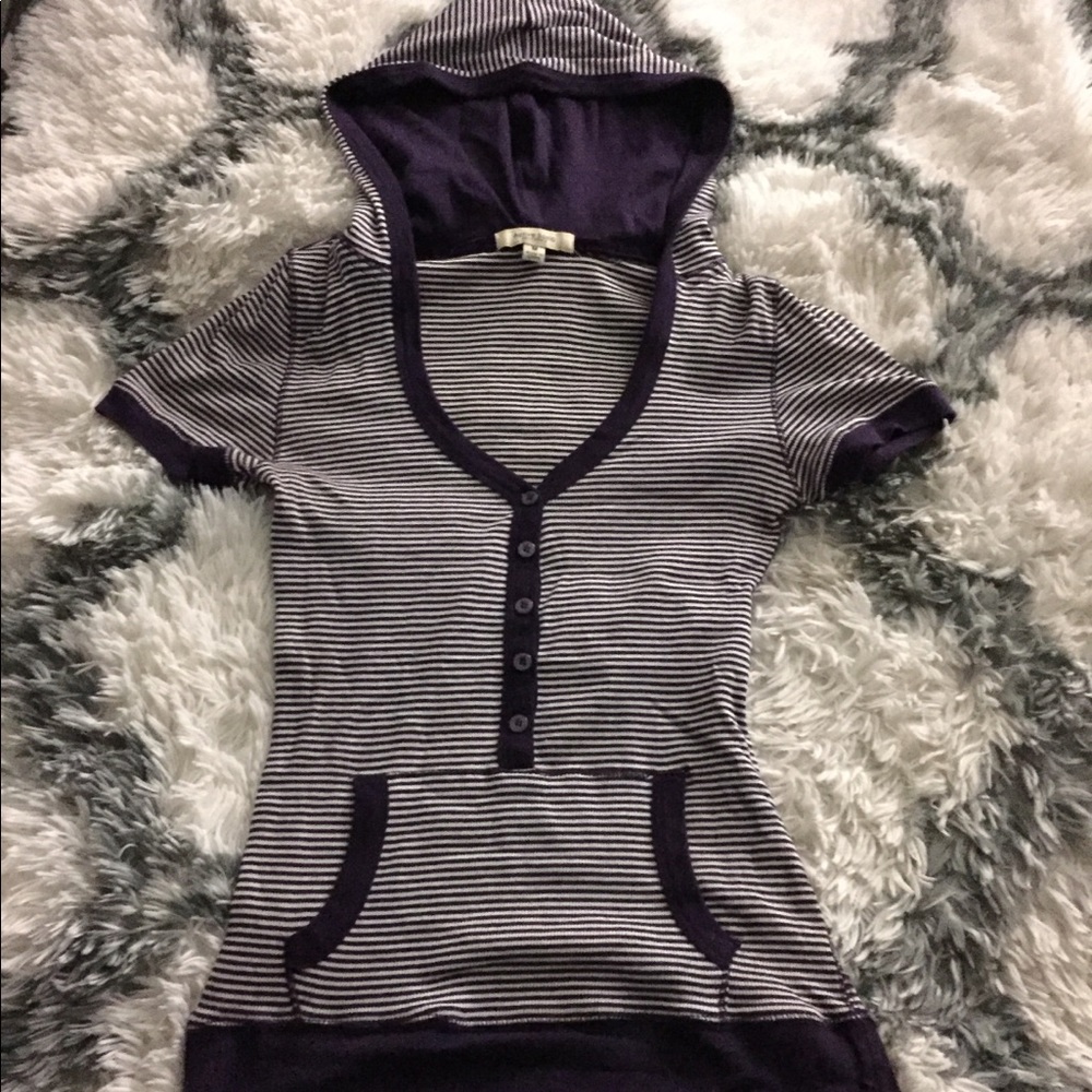 Purple and white striped hooded Top
